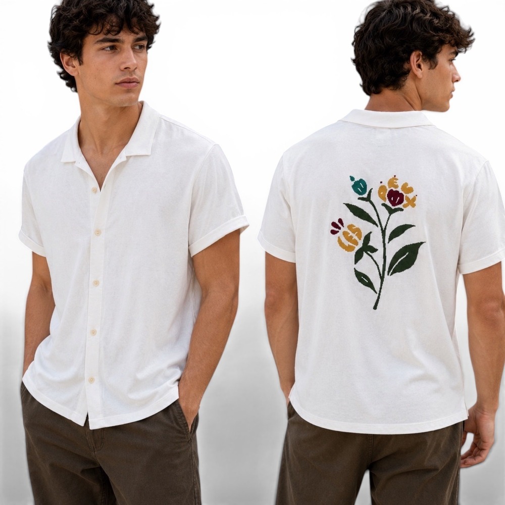 Les Deux Mens XXL Off White Knit Short Sleeve Floral Back Camp Collar Shirt